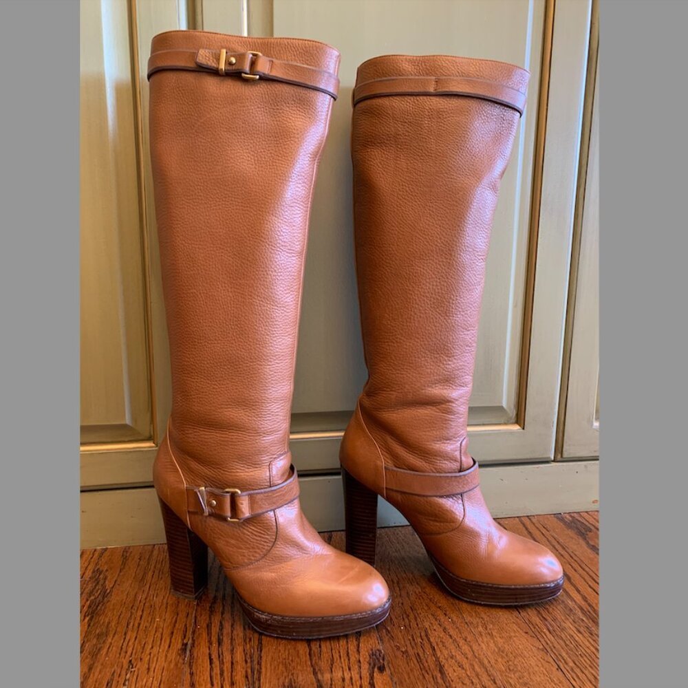 Coach Leighton Boot in pebble leather with brass accents.  Size 10